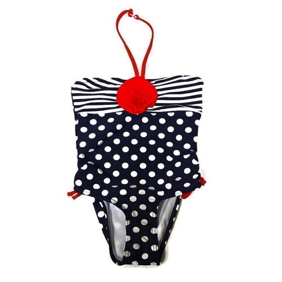 Flapdoodles navy& white polkadot rosette halter one piece swimsuit 6 - Picture 1 of 5